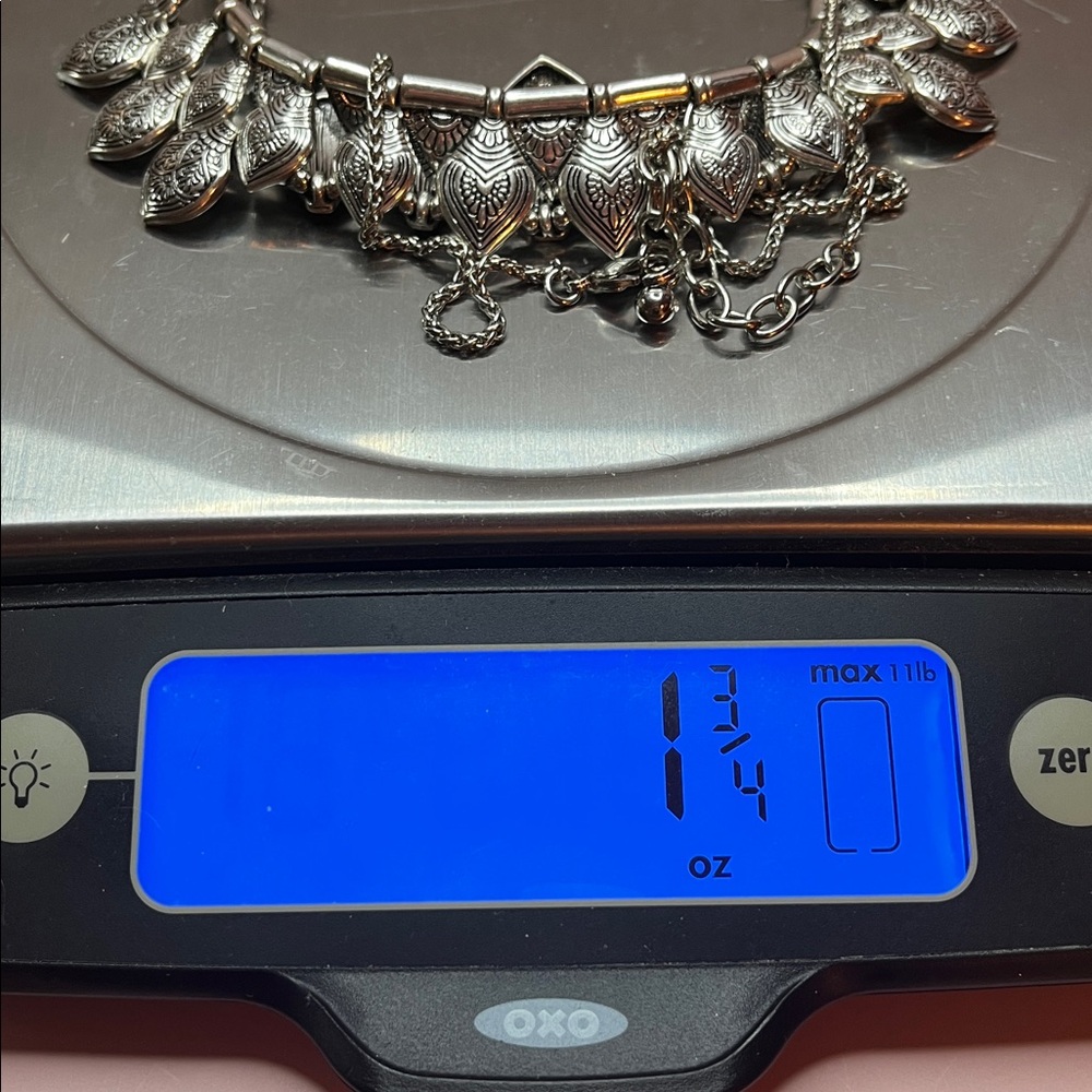 Silver Statement Necklace With Leaf Pendants - image 6